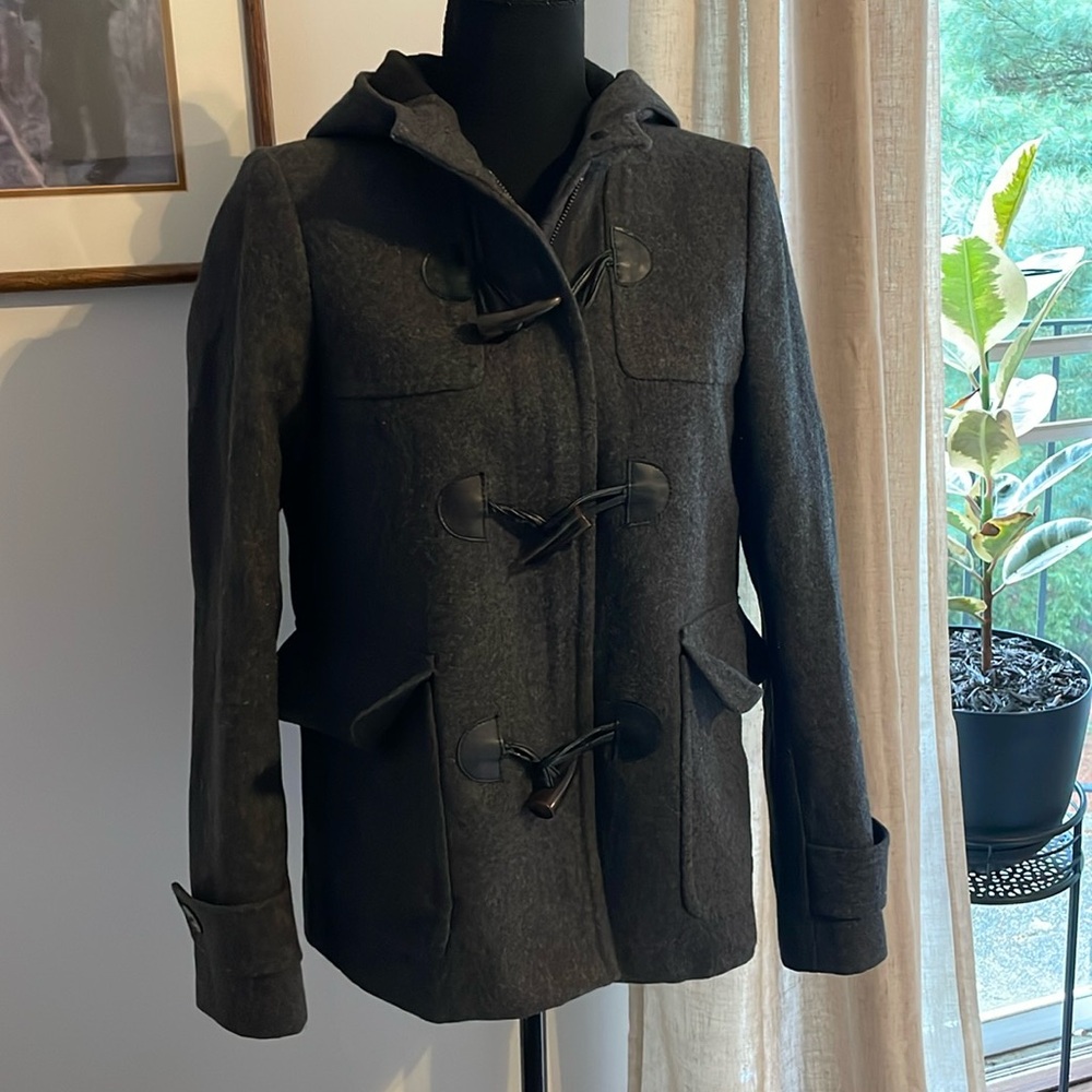 J. Crew Toggle Hooded Wool Coat Dark Gray Charcoal Zipper Women's Size 2 Duffle
